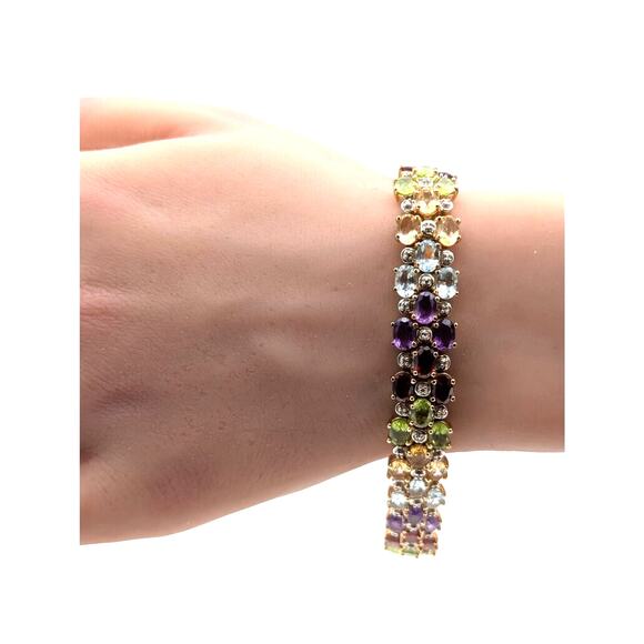 Vintage 925 Sterling Silver Gold Vermeil Multi Gemstone Tennis Bracelet - Picture 10 of 10